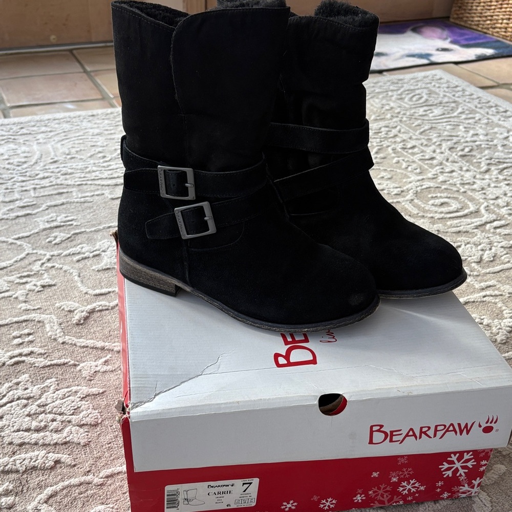 BearPaw Black Suede Boots with Double Buckle